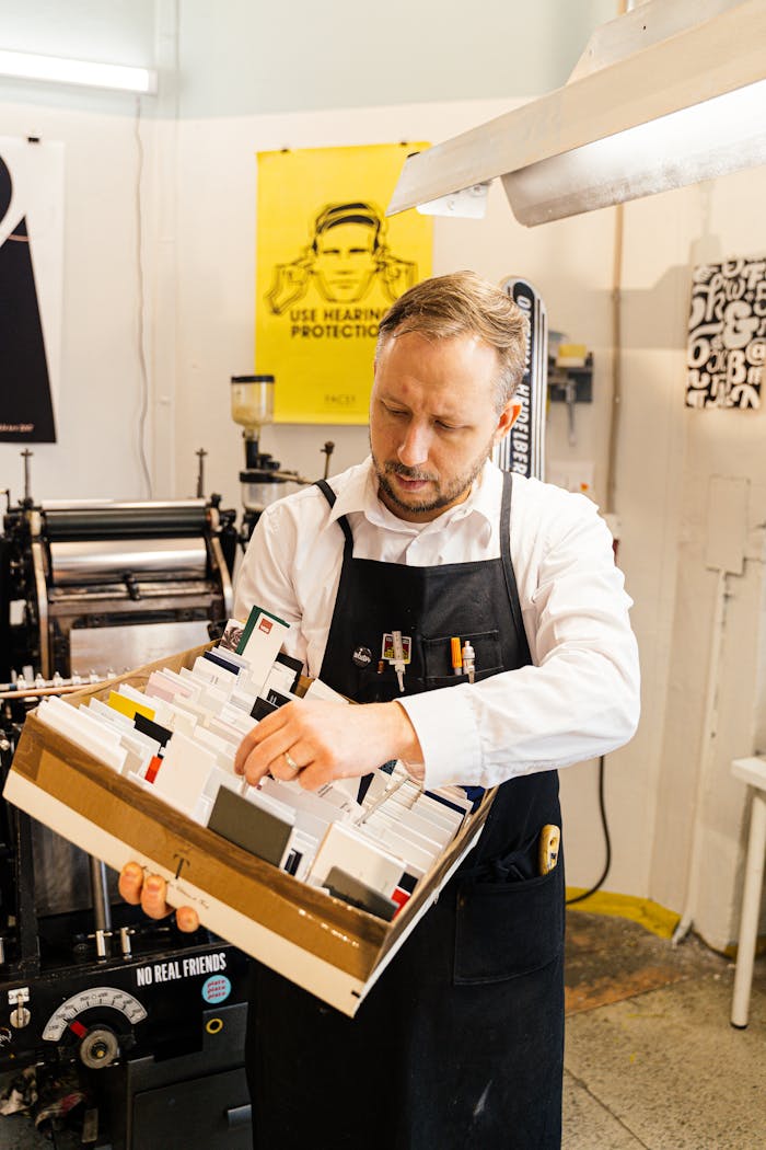 Adult man organizing printing supplies in a workshop with industrial machines around him.