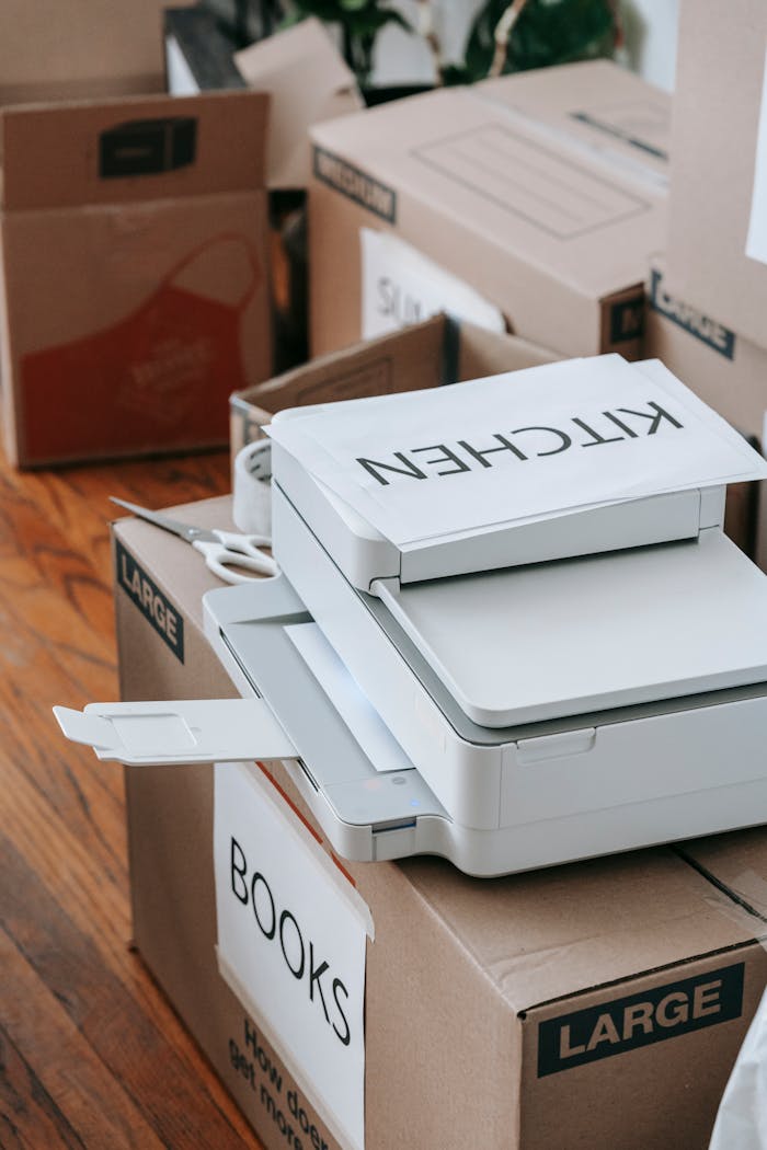 A collection of large cardboard boxes labeled for moving, alongside a printer, representing organization and preparation indoors.